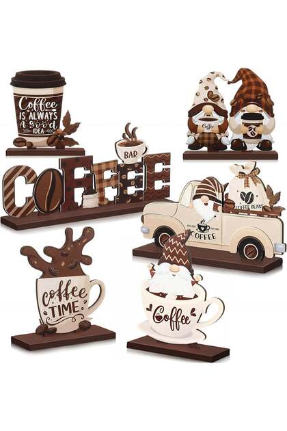6PCS Wooden Coffee Bar Decor Set – Rustic Farmhouse Coffee Station Decorations & Tiered Tray Wooden