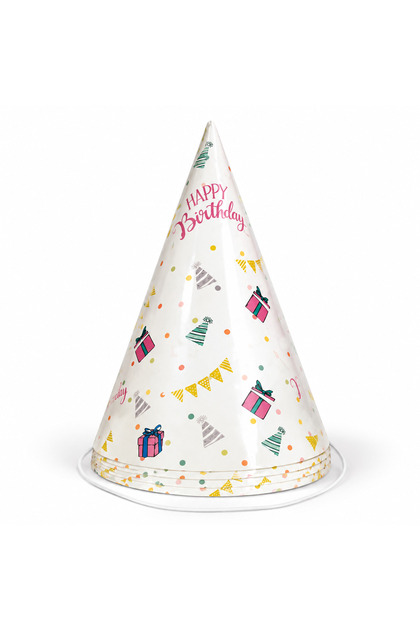 Happy Birthday Flama Desenli Beyaz Karton Parti Şapkası Doğum Günü Parti Malzemesi