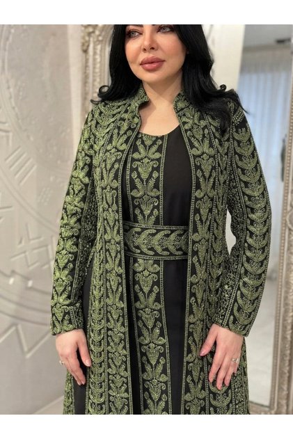 3 Piece Crepe Dress Set Belted Inner & Outer with Embroidery Long Jacket Palestinian Embroidery Traditional Turkish Turquoise Women's Evening & Party Wear - Jalabiya Nights