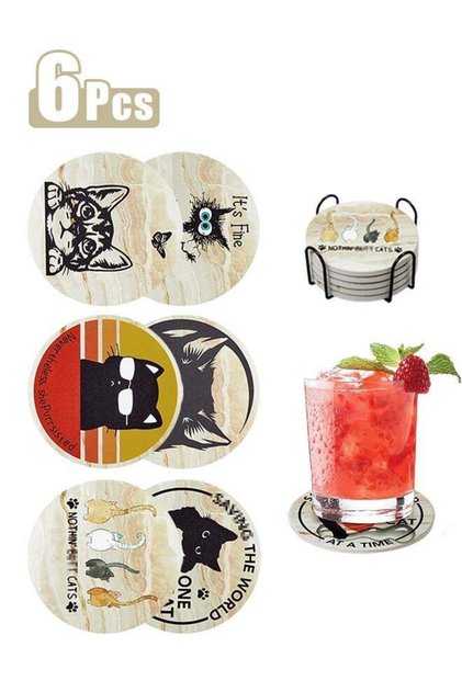 Funny Cat Gifts for Cat Lovers,6pcs Cute Coasters Set with Coaster Holder for Drinks,Stone and Cork