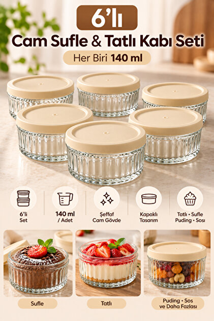 Set of 6 Glass Souffle Bowls 140 ml – Glass Dessert, Pudding, Sauce and Snack Bowl with Lid
