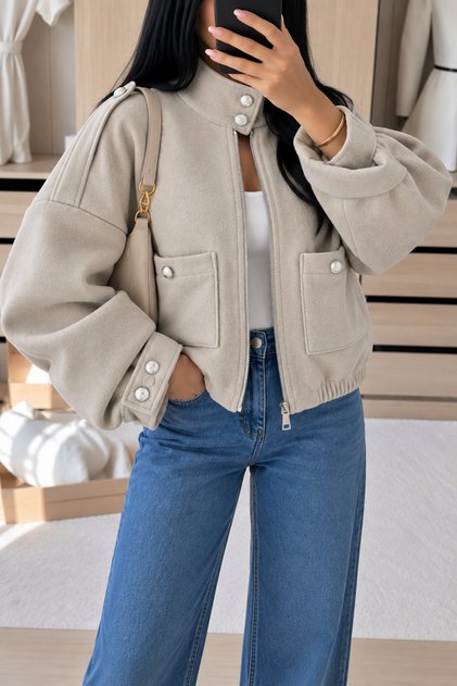 Kadın Fermuarlı Cepli Oversize Dik Yaka Bomber Mont
