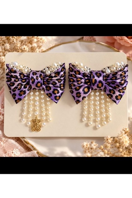 Leopard Patterned Bow Buckle with Pearl Detail and Teddy Bear Accessory, 2-Piece Set