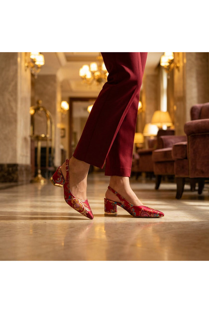 Valley Ethnic Pattern Closed-Front Thick Heeled Shoes