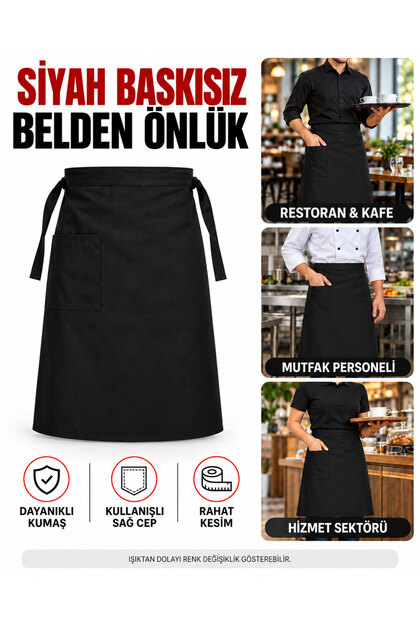 Baskısız Belden Önlük, Cepli Bağlamalı Garson, Aşçı, Mutfak, Restoran ve Kafe Önlüğü