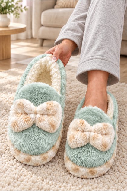 Cute Women's Plush Home Slippers with Bow, Silent Sole, Comfortable and Adorable Design