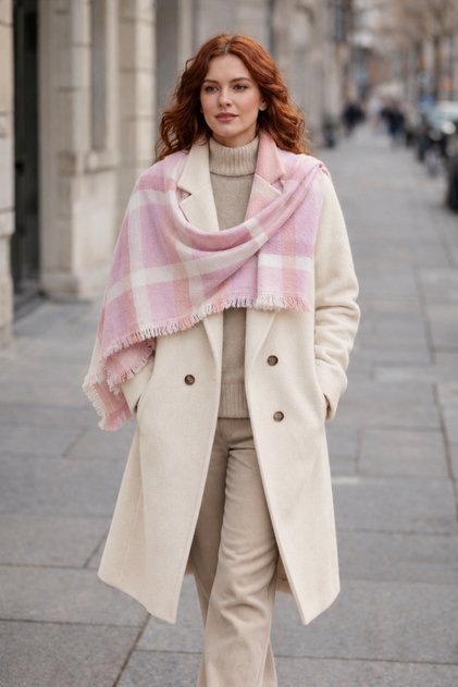 Pink-Cream Plaid Patterned Wool Shoulder Shawl | Soft Textured Winter Shawl