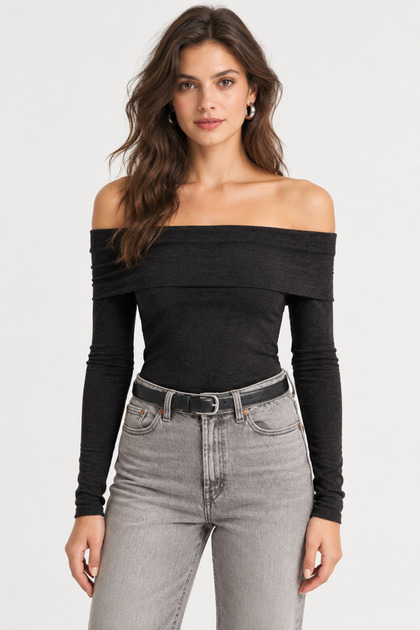Women's Black Madonna Collar Long Sleeve Bodycon Blouse