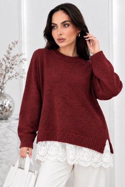 Women's Knitwear Sweater Oversize Drop Shoulder Lace Detailed Long Sleeve Crew Neck Ribbed Knitted Sweater