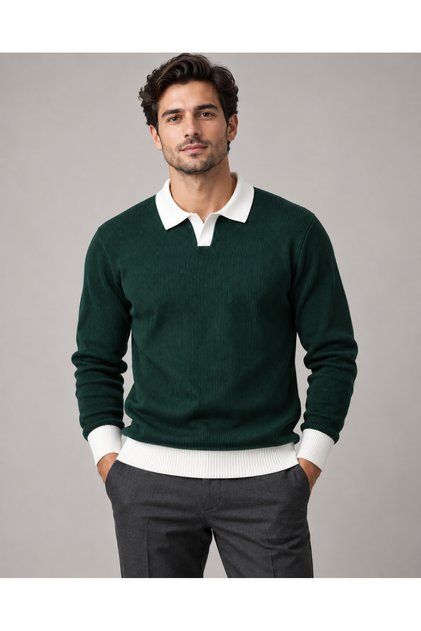 Men's Polo Collar Ribbed Knit Sweater – Long Sleeve Ribbed Casual Stylish Model
