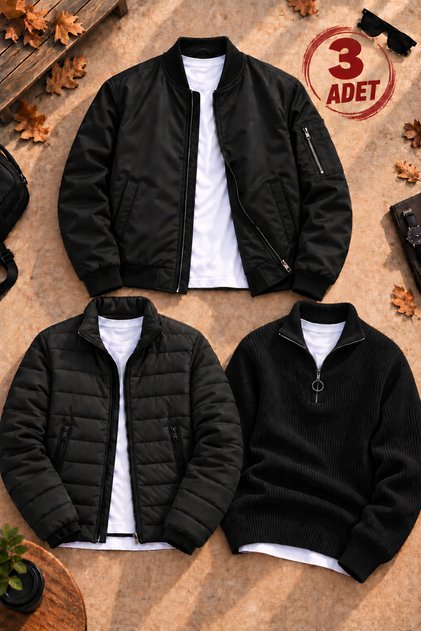 Men's 3-Piece Winter Combination Set – Quilted Lined Double-Pocket Puffer Jacket + Zippered Lined Bomber Jacket + Thessaloniki Knit Stand Collar Half-Zip Knit Sweater