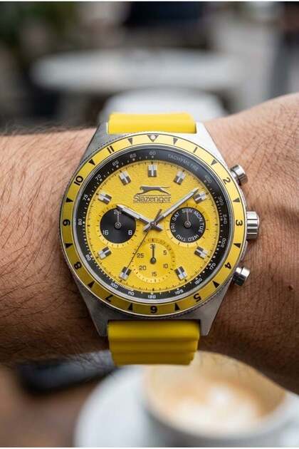 Sporty Yellow Men's Wristwatch | 44 mm Steel Case, Silicone Band