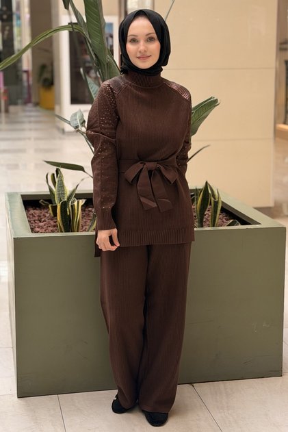 Fuat Gürşen Sleeves Sequin Embroidered Tunic Trousers Knitwear Set