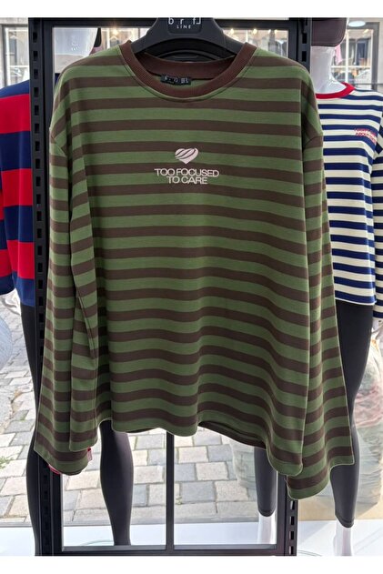 Çizgili Bisiklet Yaka Oversize Düşük Kol Örme Sweatshirt