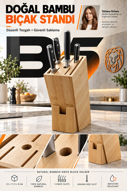 Eğimli Doğal Bambu Bıçak Bloku Masat Yuvalı Tezgah Üstü Şef Bıçak Standı Takozu 723778