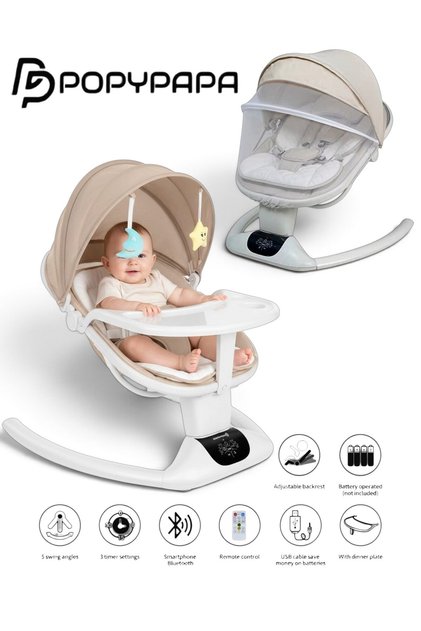 Leagan Electric 4 in 1 Pentru Bebeluși, Functie Muzicala, Bluetooth, Telecomandă, Ecran Tactil. 5 Viteze De Legănare, Port USB, Copertină Rabatabila Si Plasa De Insecte, Tăviță detașabilă