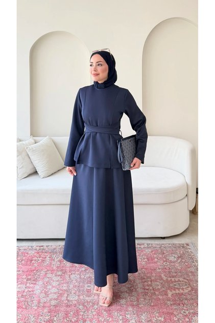 Women's Waist Tie Detailed Scuba Skirt Set - Navy Blue