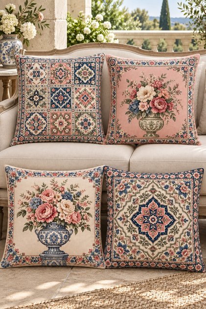 Pink Tile Flowers Patterned 4-Piece Throw Pillow Cover Set