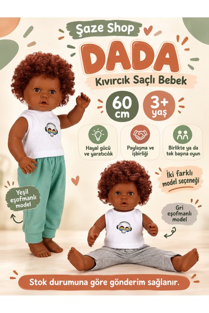 Dada Kıvırcık Saçlı Oyuncak Bebek 60 cm Büyük Boy Gerçekçi Görünümlü Bebek 3+ Yaş