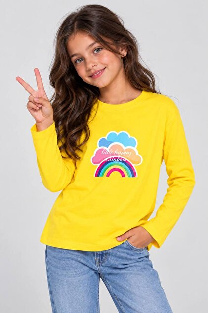 Kız Çocuk Uzun Kollu Tişört %100 Pamuk Gökkuşağı Bulut Baskılı Little Happy Rainbow Yazılı Sarı 2-9 Yaş