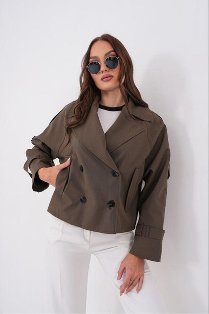 Women's Khaki Double-Breasted Collar Short Trench Coat Pc778