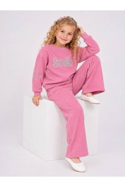 Girl's Smile Printed Casual Ribbed Spanish Flared Sweatpants 2-Piece Set