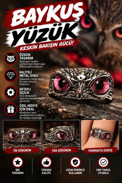 Owl Ring – Embossed Metal Design with Pink Eye Detail