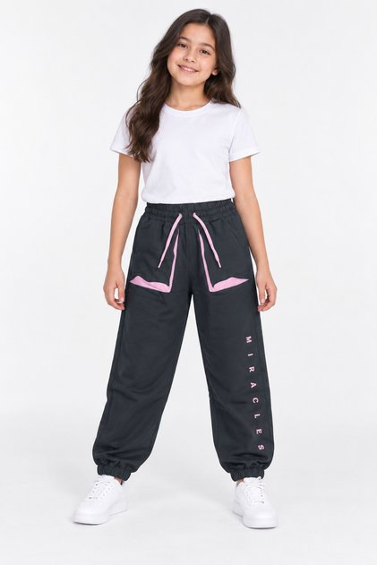 19010-26 Girl's Text Printed White Stripe Detailed Elastic Jogger Sweatpants 9–12 Years Old