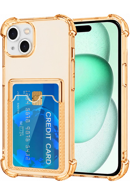 iPhone 13/14 Kartlıklı Kılıf Kamera ve Köşe Korumalı Fonksiyonel Kapak Yarı Şeffaf Gold