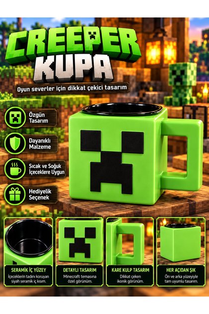 Minecraft Creeper Kupa – Yeşil Kare Tasarım Seramik İç Yüzeyli Oyun Temalı Kupa