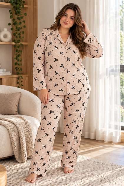Women's Plus Size Suede Textured Bow Patterned Buttoned Pajama Set