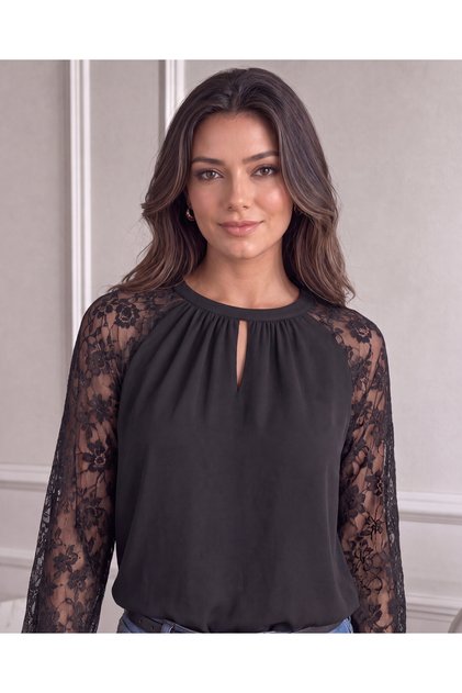 Women's Black Crew Neck Long Sleeve Blouse with Lace Transparent Detail