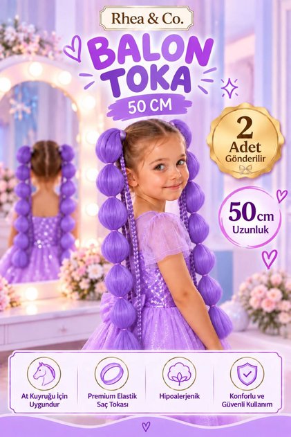 Lila Örgülü Balon Saç – 50 cm Çocuk Saç Tokası | 2’li Set