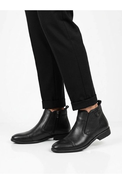 Men's black fur-lined genuine leather classic boots