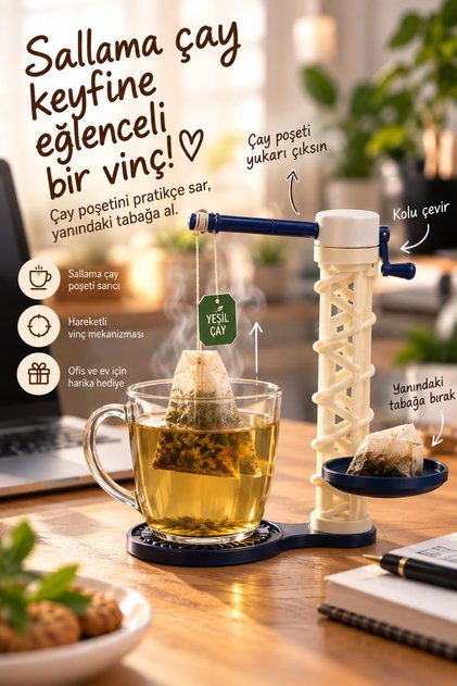 Vinçli Sallama Çay Poşeti Sarıcı Bardak Altlığı Sürpriz Renk Hareketli Ofis Aksesuarı