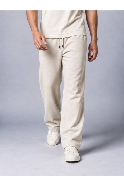 Men's Beige Pique Fabric Baggy Loose Fit Trousers with Pocket Detail