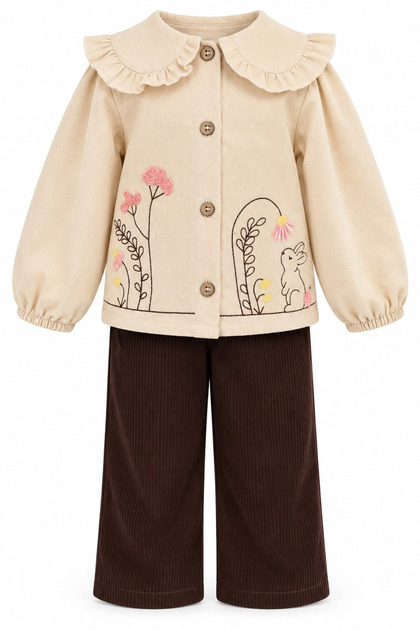 Girl's Top and Bottom Set with Rabbit Embroidery and Ruffle Detail on the Collar