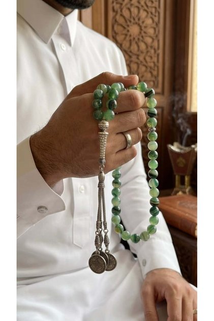 Royal Green Brazilian Agate Rosary | Stunning Transparency | Traditional Design with Silver Baklava - 45 - 8 Milli - Light Green