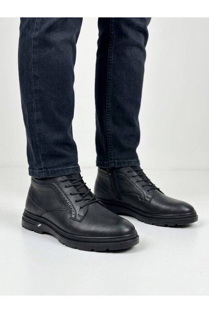 Men's black genuine leather zippered non-slip sole casual boots