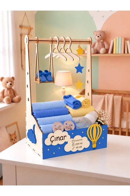 40 Baskets - Wooden Blue Newborn Baby Gift Basket - Baby Shower Basket - Punch Basket - Memory Basket - Cloud Themed