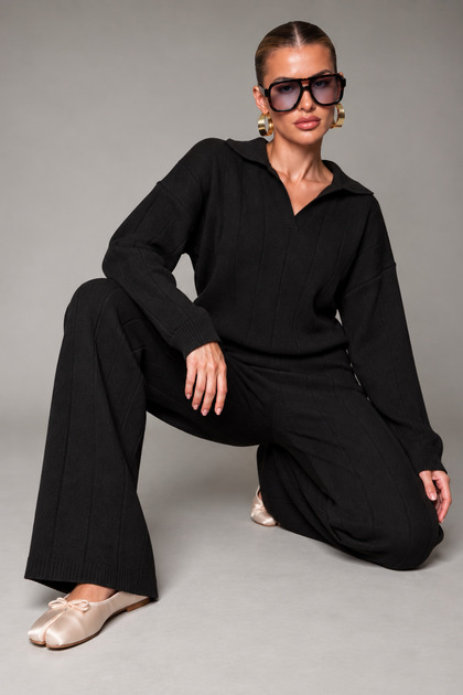 Black- Women's V-Neck Knitwear Set