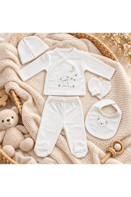 Set nou nascut 5 piese bumbac alb cu koala brodat si botosei integrati