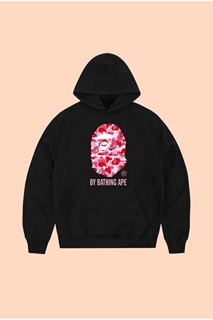 Bape Pink Printed Unisex Oversize Black Cotton Hooded Printed Sweatshirt Hoodie