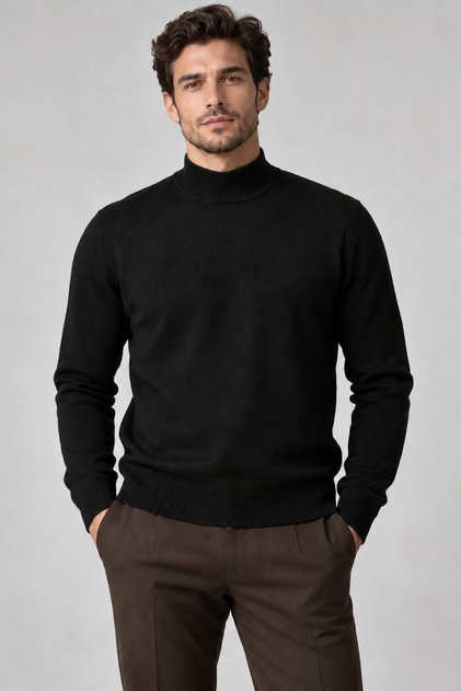 Men's Black Slim Fit Tight-Fitting Plain Half Turtleneck Knitwear Sweater