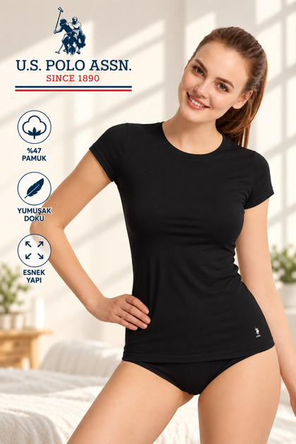 Women'S, Licensed, Uspa, 47% Modal, 47% Cotton, 6% Elastane, Crew Neck T-Shirt, Short Sleeve, Solid