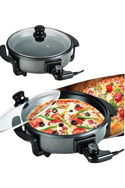 Electric Pizza Pan 42cm, Multifunctional Cooking & Frying Pan with Glass Lid, Adjustable Temperature Thermostat, Deep Non-Stick Pan with Handles for Pizza, Frying & Cooking