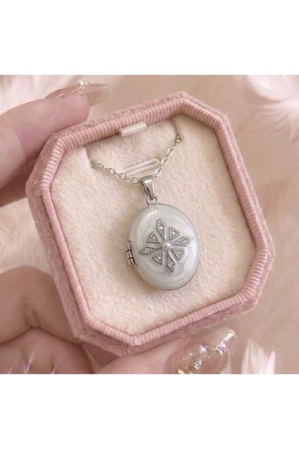 Silver Dainty Locket Kolye - Çelik Zarif İncili İçi Açılabilir Kapaklı Anı Kolyesi