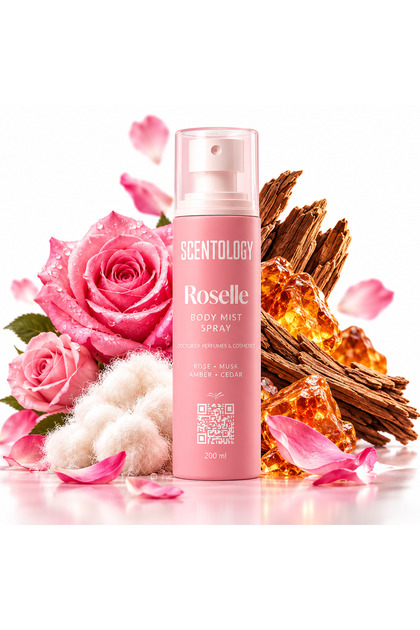 Scentology Roselle Body Mist Spray Unisex – Rose, Musk, Amber & Cedar – 200 ml