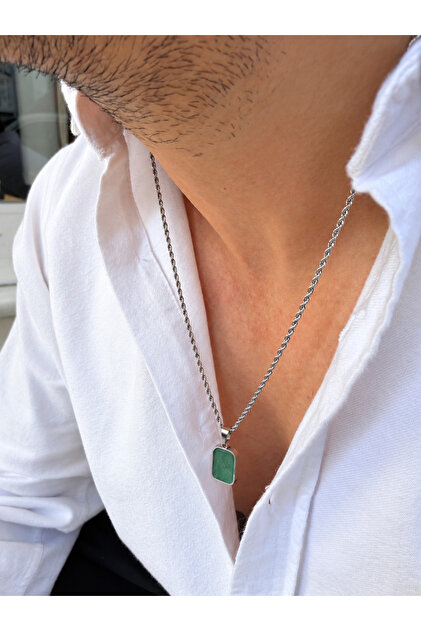 Iminar Silver Color Stainless Steel Green Natural Stone Cornered Rectangular End Screw Chain Men's Necklace