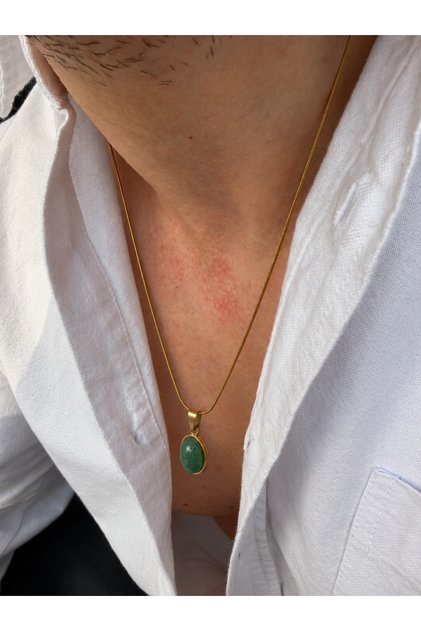 Kaemdir Gold Color Stainless Steel Green Natural Stone Oval Tip Snake Tube Chain Men's Necklace